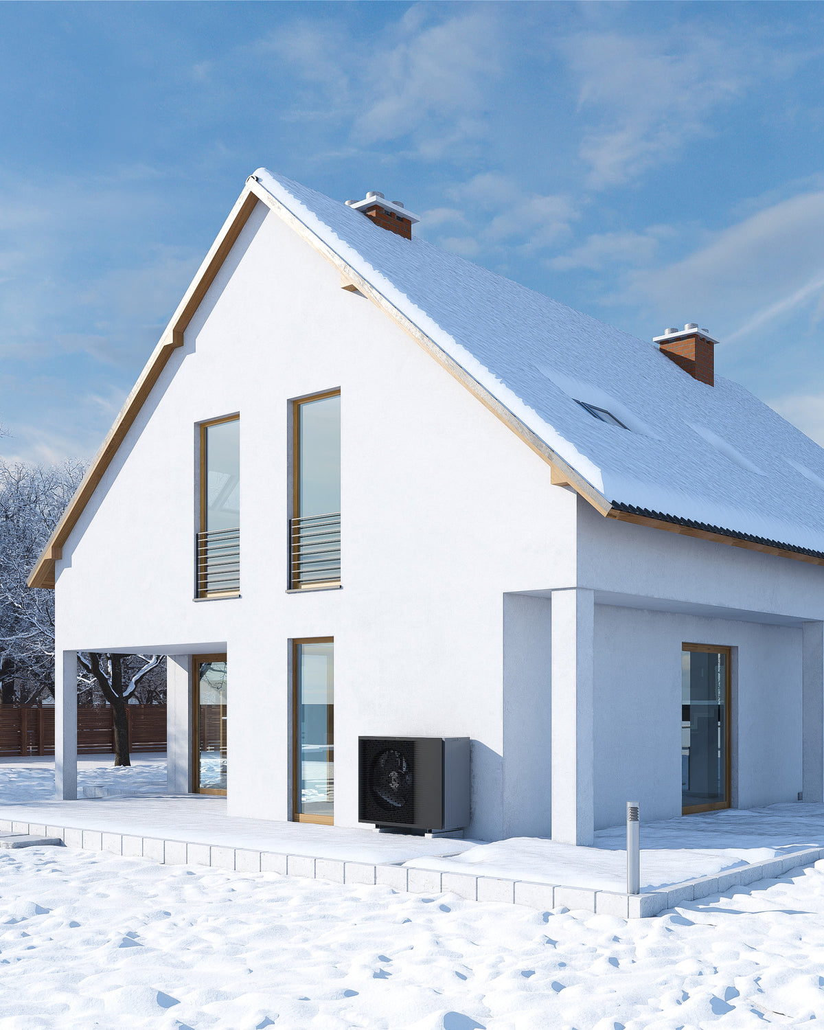 DAIKIN Altherma 3 H HT vonkajšia jednotka 14 kW EPRA14DV37 — vonkajšia jednotka pri rodinnom dome v zime