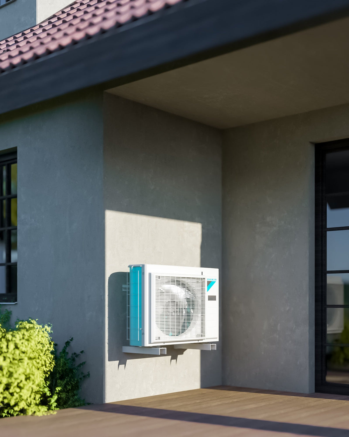 DAIKIN Altherma 3 R vonkajšia jednotka 8 kW ERGA08EVH7 — vonkajšia jednotka na konzole na fasáde domu