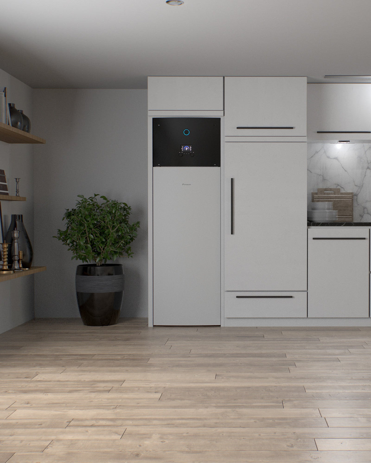 DAIKIN Altherma 3 R XL 11 kW – 180 l · 1 zóna, 3f — vnútorná jednotka v interiéri, kuchynská linka