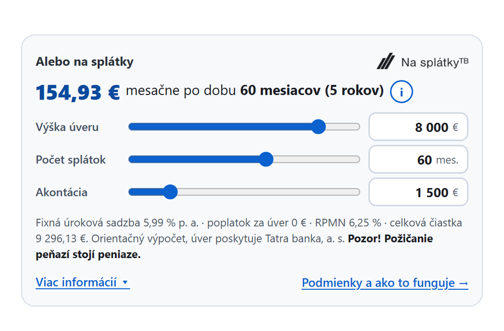 Naša kalkulačka splátok: úver 8 000 €, 60 splátok, akontácia 1 500 €, mesačná splátka 154,93 €
