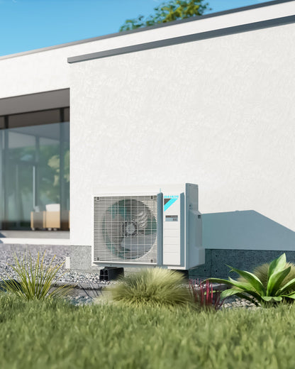 DAIKIN Altherma 3 R vonkajšia jednotka 6 kW ERGA06EVH — vonkajšia jednotka pri modernom dome so záhradou